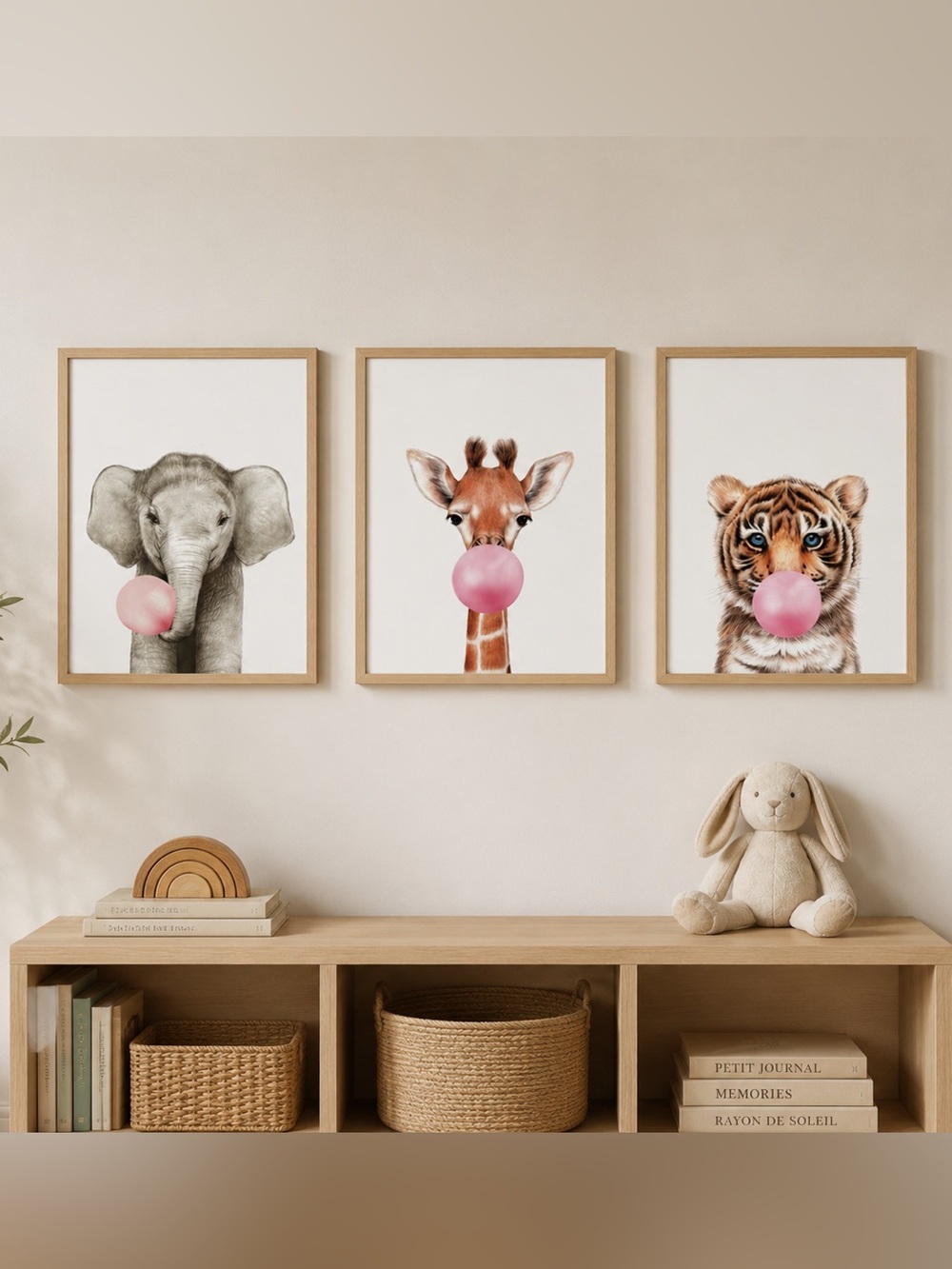Bubblegum Animal Trio Canvas Prints - Elephant, Giraffe, Tiger